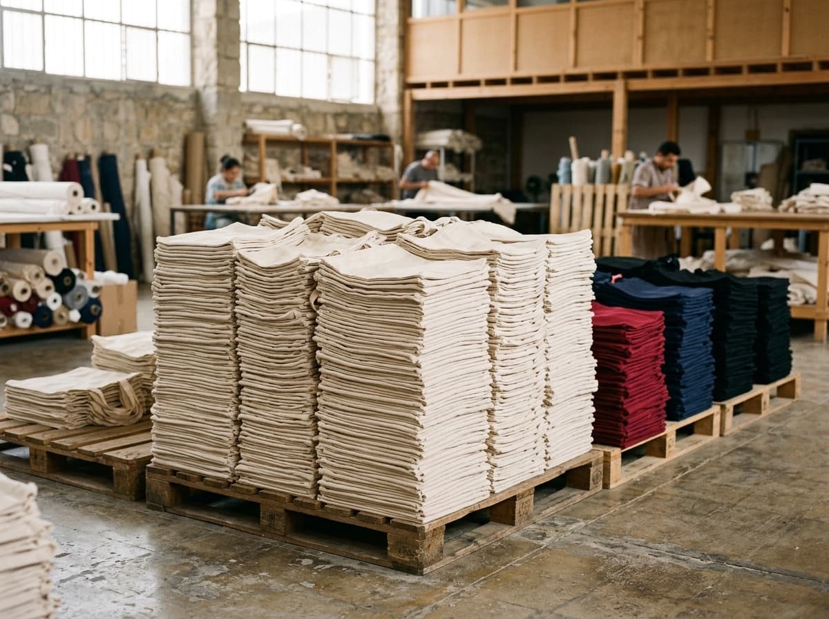 Bulk wholesale tote bags stacked in warehouse